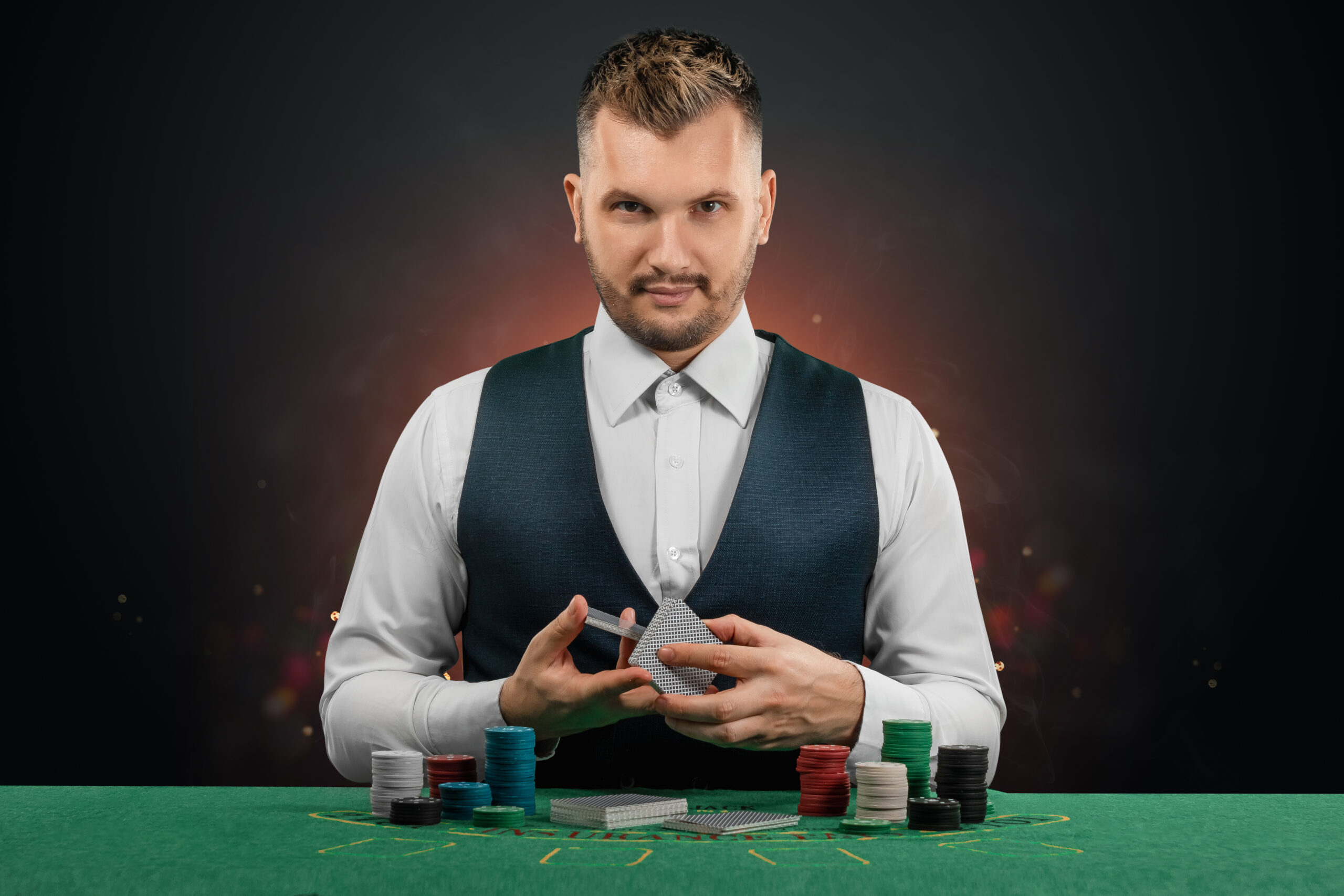 Male Dealer at the Casino at the Table.