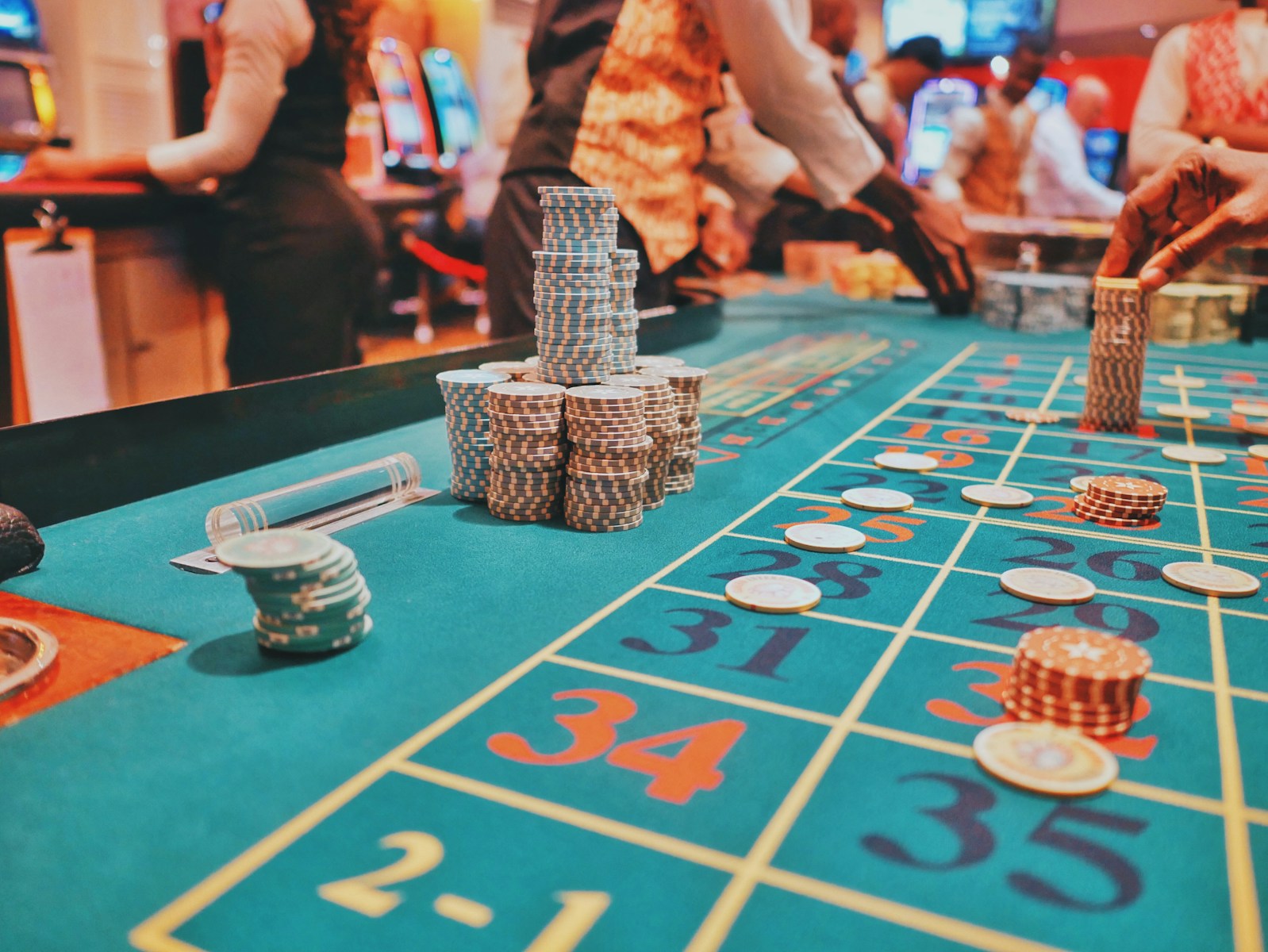 A Casino Table With a Lot of Chips on It